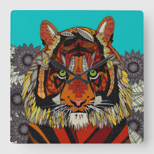 tiger chief turquoise square wall clock