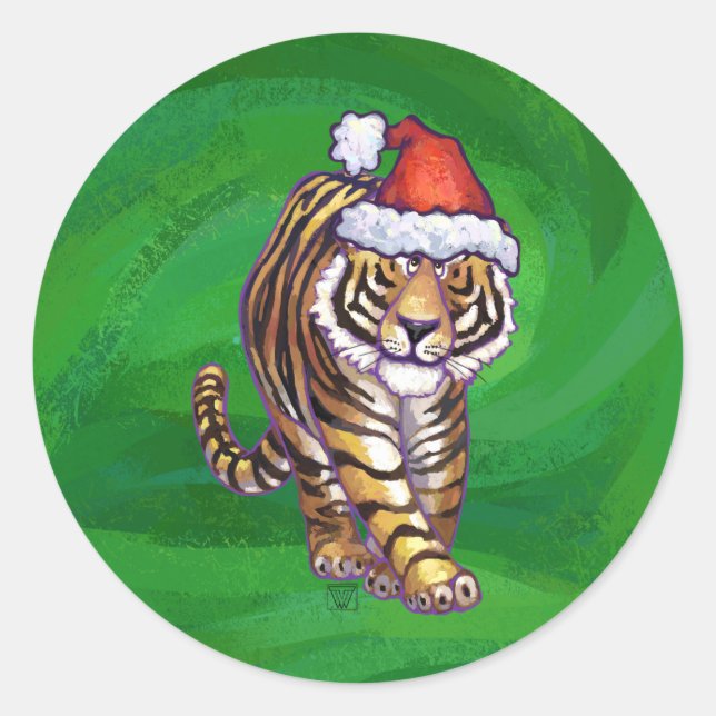 Tiger Christmas On Green Classic Round Sticker (Front)