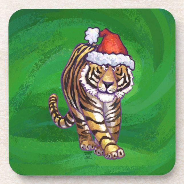 Tiger Christmas On Green Coaster (Front)