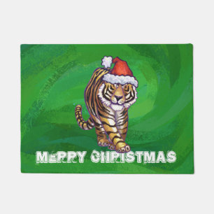 Tiger Christmas On Green Doormat
