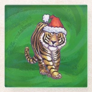 Tiger Christmas On Green Glass Coaster