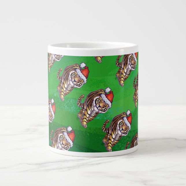 Tiger Christmas On Green Large Coffee Mug (Front)