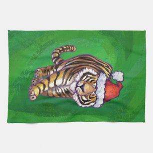 Tiger Christmas On Green Tea Towel