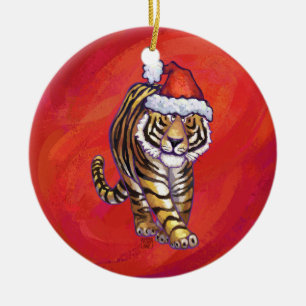 Tiger Christmas on Red Ceramic Ornament