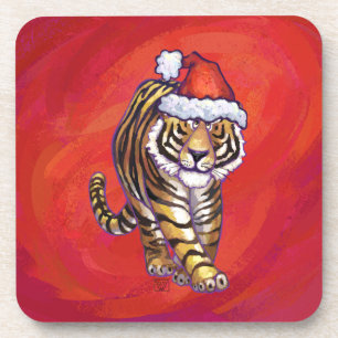 Tiger Christmas on Red Coaster