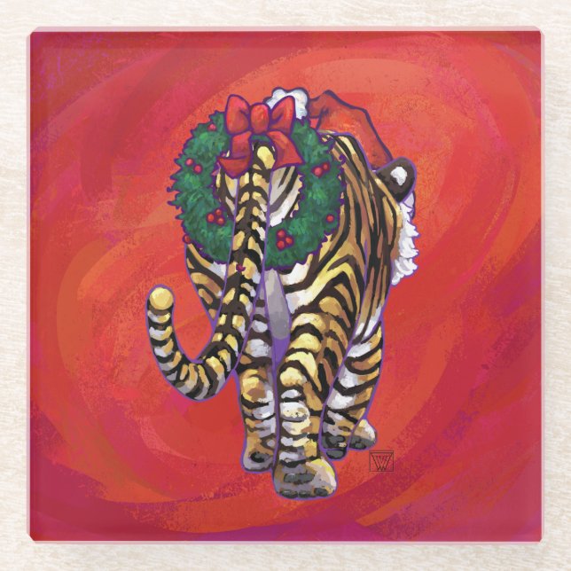 Tiger Christmas on Red Glass Coaster (Front)