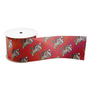 Tiger Christmas on Red Satin Ribbon