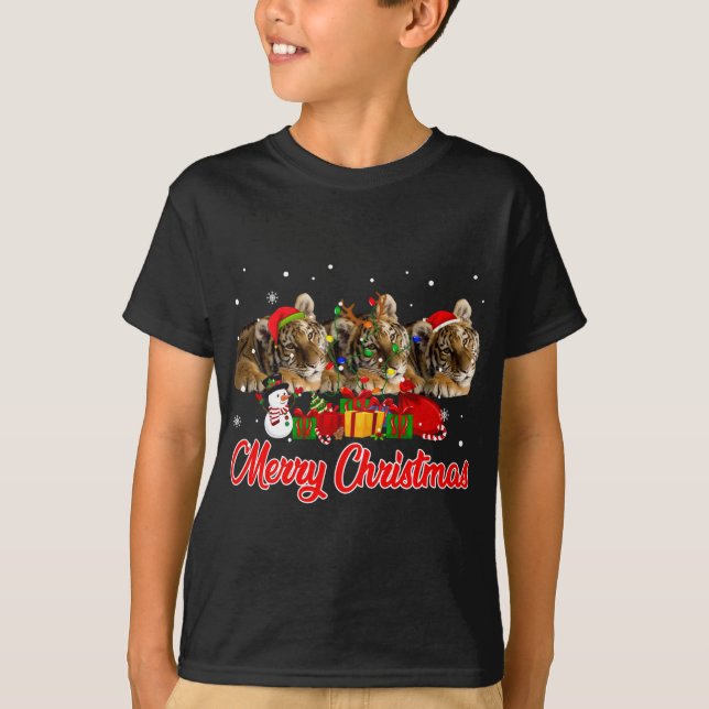 Tiger Christmas Pajama Funny Xmas Lights Animals L T-Shirt (Front)