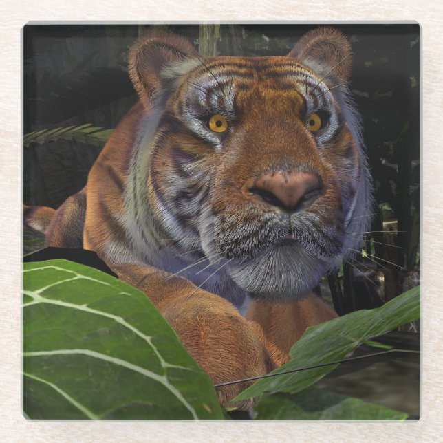 Tiger Crouching in the Jungle Glass Coaster (Front)