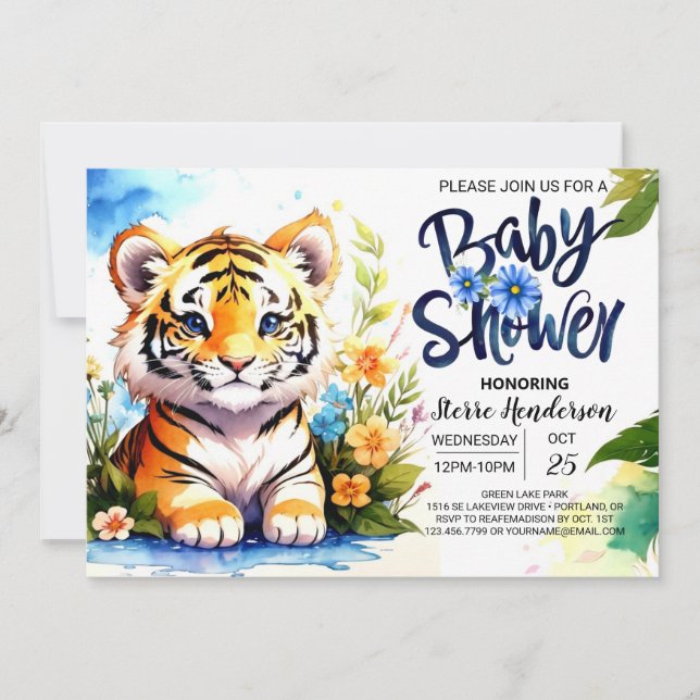 Tiger Cub Adventures Blue Baby Shower Invitation (Front)