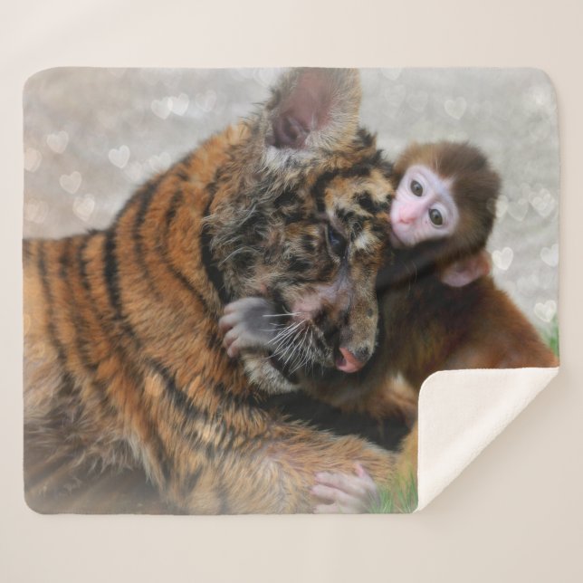 Tiger Cub and Baby Monkey Sherpa Blanket (Front (Horizontal))