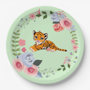 Tiger Cub Floral Baby Shower Paper Plate