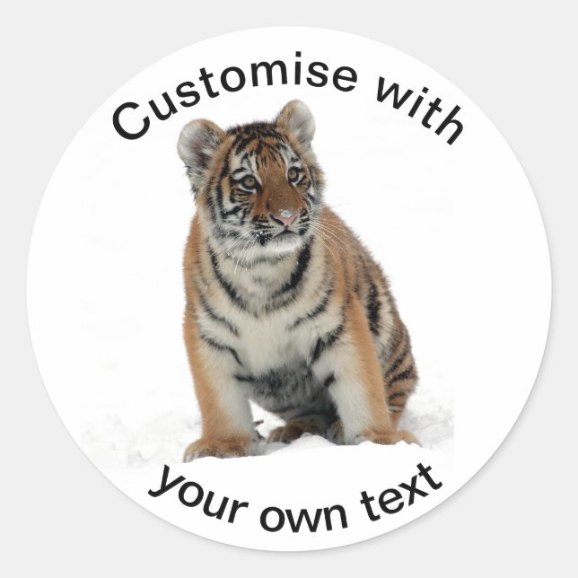 Tiger Cub in the Snow Custom Text Classic Round Sticker (Front)