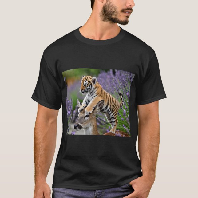  Tiger Cub on Deer’s Head – Whimsical Wildlife  T-Shirt (Front)