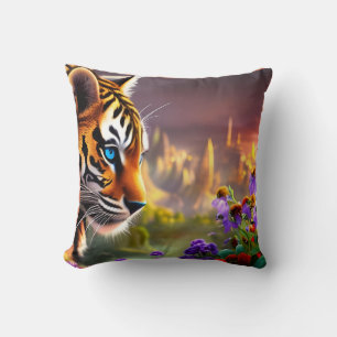 Tiger Cub,  Purple Flowers    Cushion