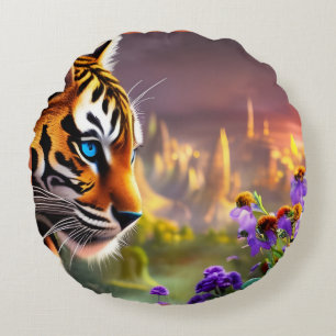 Tiger Cub,  Purple Flowers   Round Cushion
