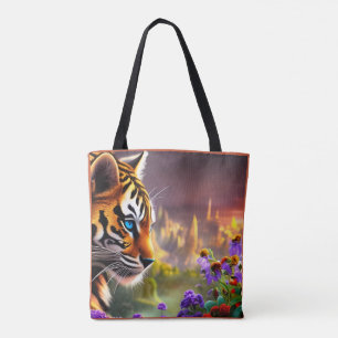 Tiger Cub,  Purple Flowers    Tote Bag