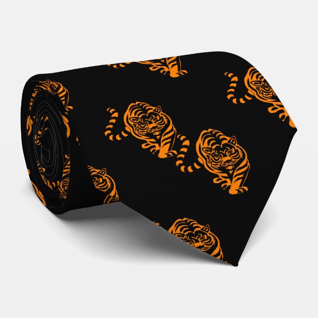 Tiger Design  Orange Team Mascot On Black Tie (Rolled)