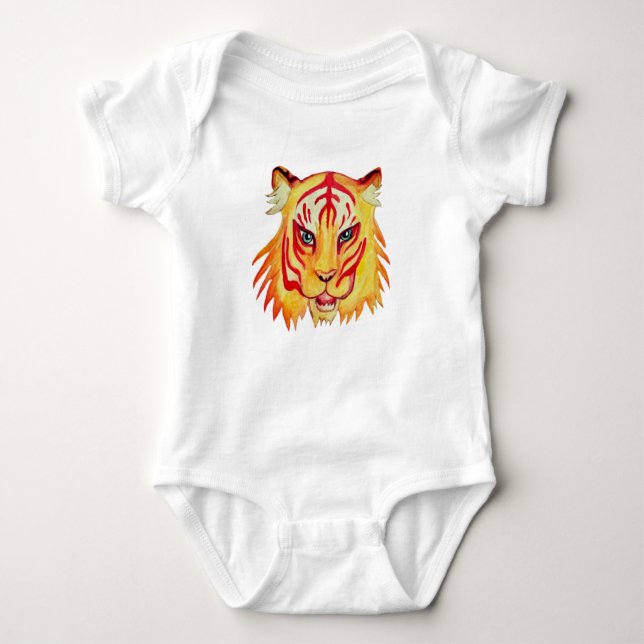 Tiger Drawing Baby Jersey Bodysuit, White Bodysuit (Front)