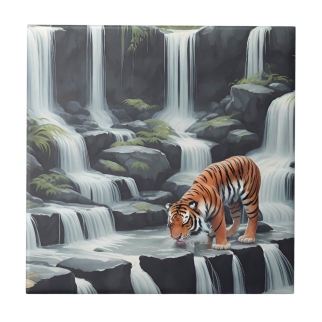 Tiger Drinking at Waterfall Ceramic Tile (Front)