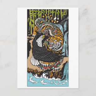 Tiger, Eagle and Snake fighting. Graphic art Postcard