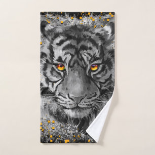 Tiger Eyes Colourful Tiger Drawing Dark Bath Towel Set