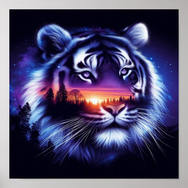 Tiger Face and Scenic Sunset Landscape Poster (Front)