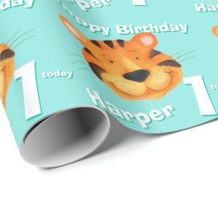 Tiger face art name 1st birthday wrap wrapping paper