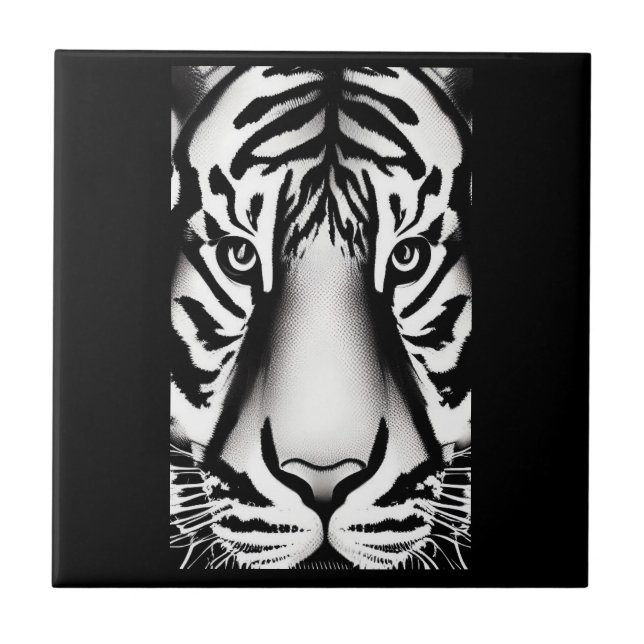 Tiger face black white stripes ceramic tile (Front)