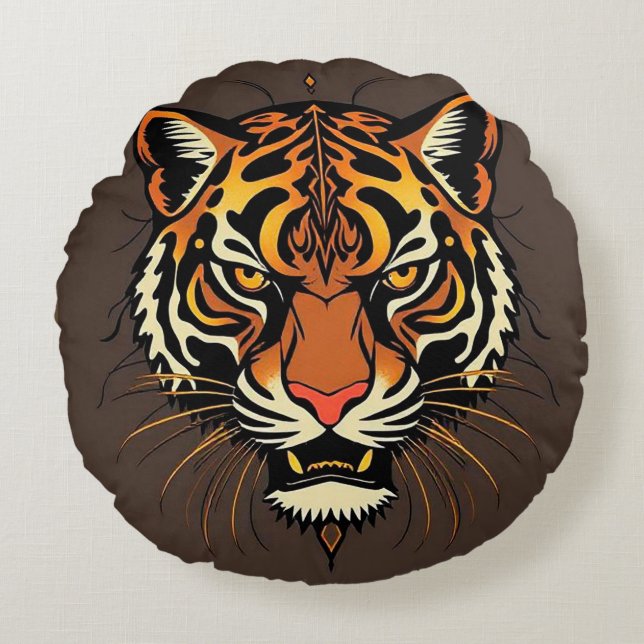 Tiger Face with Tribal Patterns Round Cushion (Front)