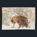 Tiger family in winter tea towel<br><div class="desc">Tiger family in winter. Beautiful nature scenery.</div>