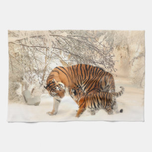 Tiger family in winter tea towel