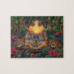 Tiger Family Sunset Jungle Tropical Art Jigsaw Puzzle