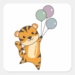 Tiger Flies With Balloons Sweet Animals kids Square Sticker