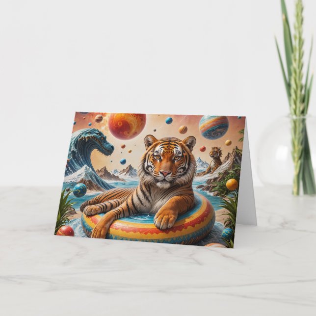 Tiger Floating on a Summer Day Surreal Space Card (Front)