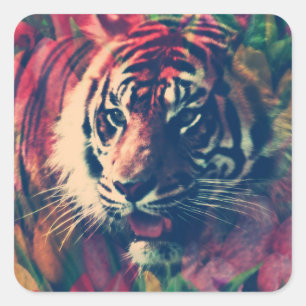 Tiger Floral Digital Art Square Sticker