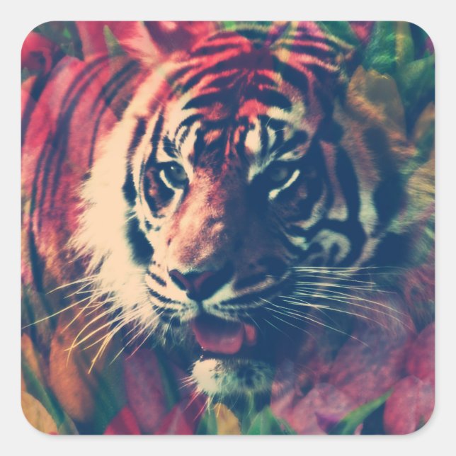 Tiger Floral Digital Art Square Sticker (Front)