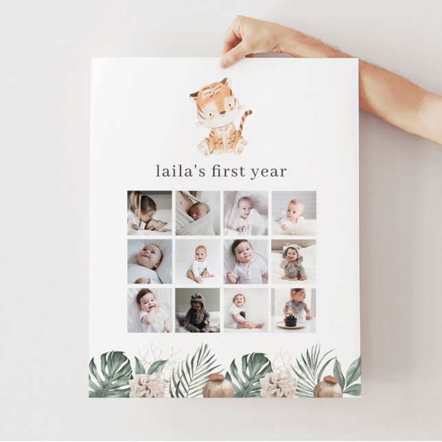 Tiger Floral Greenery 1st Birthday Photo Collage Poster (Creator Uploaded)