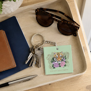 Tiger Floral Henna Botanical Flowers Green Key Ring