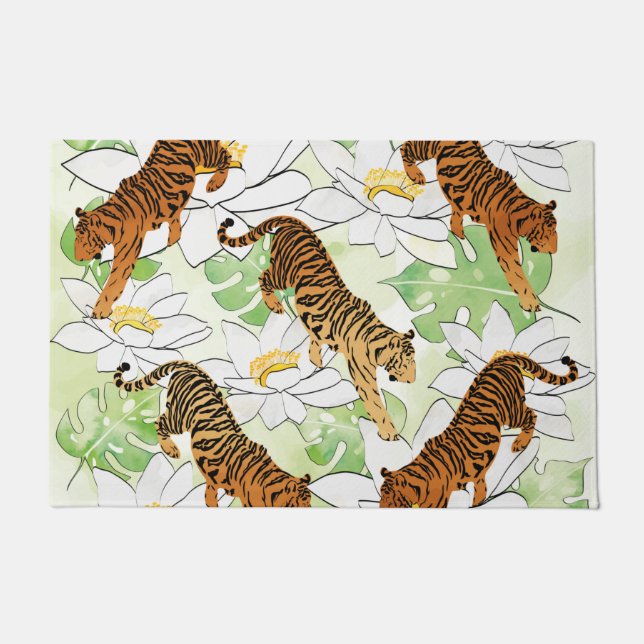 Tiger Flower watercolor pattern Fleece Blanket Doormat (Front)