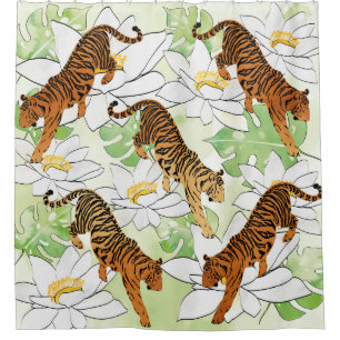 Tiger Flower watercolor pattern Shower Curtain