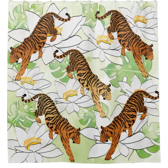 Tiger Flower watercolor pattern Shower Curtain (Front)