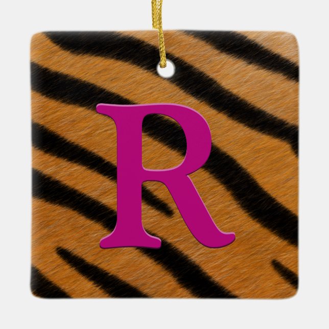 Tiger Fur Personalised Monogram & Message Magenta Ceramic Ornament (Front)