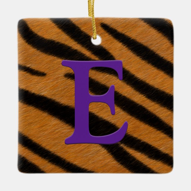 Tiger Fur Personalised Monogram & Message Purple Ceramic Ornament (Front)