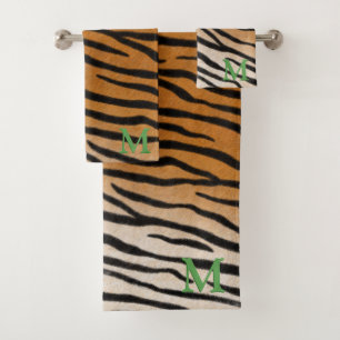 Tiger Fur Realistic Animal Print Green Monogram Bath Towel Set