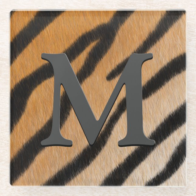Tiger Fur Realistic Animal Print Monogrammed Glass Coaster (Front)