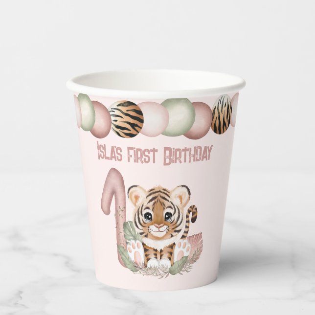 Tiger Girl Pink 1st Birthday Safari Theme Paper Cups (Front)