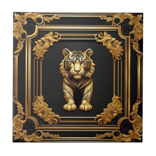 Tiger gold and black ornamental frame ceramic tile (Front)