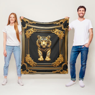 Tiger gold and black ornamental frame fleece blanket
