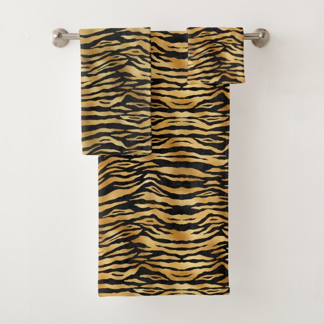 Tiger Gold Black Animal Print Bath Towel Set (Insitu)